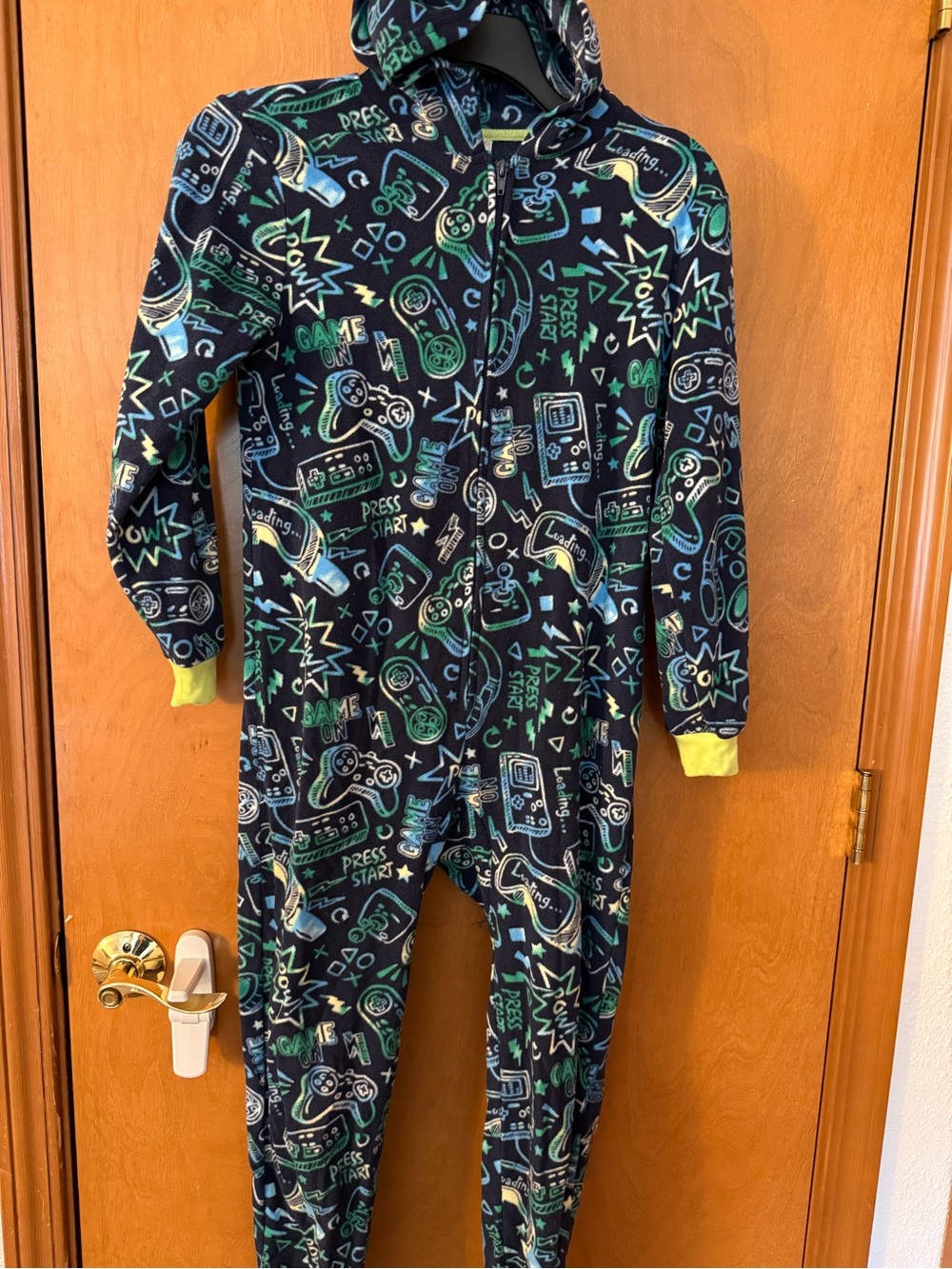 Cat & Jack Navy Hooded Gaming-Print One-Piece with Green and Light Blue Accents